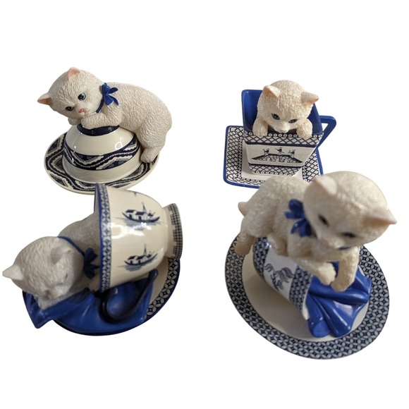 Other - Cat Kitten‎ Figurine with Teacup and Saucer Ceramic Collectible Blue White 2009